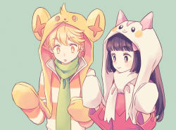 Rule 34 | 1boy, 1girl, :o, alternate color, animal hood, barry (pokemon), black hair, blonde hair, blunt bangs, closed mouth, cosplay, creatures (company), dawn (pokemon), game freak, gen 4 pokemon, green background, green scarf, headwear with attached mittens, hime cut, hood, komasawa (fmn-ppp), long hair, long sleeves, looking at hands, mittens, nintendo, orange eyes, pachirisu, pachirisu (cosplay), pokemon, pokemon dppt, pokemon platinum, scarf, shinx, shinx (cosplay), shiny pokemon, shirt, sidelocks, simple background, smile, striped clothes, striped shirt, surprised, upper body, white mittens, white scarf, winter clothes, yellow headwear, yellow mittens