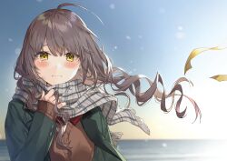 Rule 34 | 1girl, ahoge, blush, closed mouth, comiket 97, crying, crying with eyes open, frown, highres, long hair, long sleeves, looking at viewer, original, scarf, scarf grab, shirako miso, solo, standing, tears, upper body