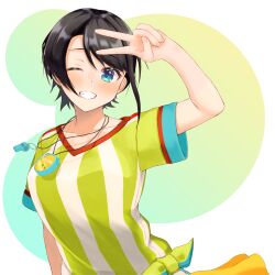Rule 34 | 1girl, ame yohira, arm up, black hair, blue background, blue eyes, blush, breasts, collarbone, commentary, fingernails, gradient background, green background, grin, highres, hololive, looking at viewer, multicolored background, multicolored shirt, one eye closed, oozora subaru, oozora subaru (1st costume), shirt, short hair, short sleeves, smile, solo, stopwatch, stopwatch around neck, striped clothes, striped shirt, swept bangs, t-shirt, tied shirt, upper body, v, virtual youtuber, watch, whistle, whistle around neck, white background, white shirt, yellow shirt