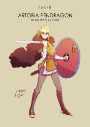Rule 34 | 1girl, absurdres, ahoge, alternate costume, armor, artoria pendragon (all), artoria pendragon (fate), blonde hair, boots, braid, capelet, character name, cloak, clothing request, commentary, cross-laced footwear, dart, english commentary, english text, fate/grand order, fate (series), french braid, fur-trimmed capelet, fur trim, gladius, hair between eyes, highres, korean commentary, lace-up boots, looking at viewer, mixed-language commentary, pants, pants tucked in, ryu seok, saber (fate), scale armor, shield, simple background, solo, sword, tan background, toeless footwear, weapon, wooden shield