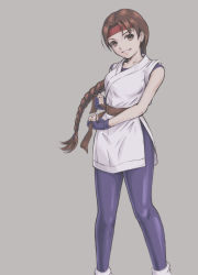 Rule 34 | 1girl, absurdres, bare shoulders, blue pants, braid, breasts, brown eyes, brown hair, collarbone, commentary, dougi, fingerless gloves, fingernails, gloves, grey background, head tilt, headband, highres, long hair, looking at viewer, pants, parted lips, red headband, ryuuko no ken, shiny clothes, simple background, single braid, skin tight, sleeveless, small breasts, smile, snk, solo, teeth, the king of fighters, tyanoki, yoga pants, yuri sakazaki