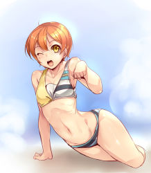 Rule 34 | 10s, 1girl, ;d, ajishio, arm support, bikini, blush, breasts, cleavage, groin, hoshizora rin, looking at viewer, love live!, love live! school idol festival, love live! school idol project, lying, multicolored stripes, navel, on side, one eye closed, open mouth, orange hair, paw pose, short hair, small breasts, smile, solo, striped bikini, striped clothes, swimsuit, wink, yellow eyes