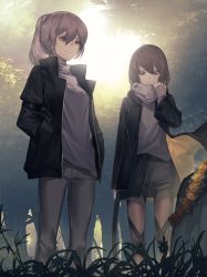 Rule 34 | 2girls, bad id, bad pixiv id, black jacket, brown eyes, brown hair, brown legwear, closed mouth, commentary request, fixro2n, flower wreath, forest, green eyes, grey pants, grey scarf, grey shirt, grey shorts, hair between eyes, hand up, hands in pockets, highres, jacket, long sleeves, multiple girls, nature, open clothes, open jacket, original, outdoors, pants, pantyhose, ponytail, scarf, shirt, short shorts, shorts, smile, standing, sunlight, tombstone