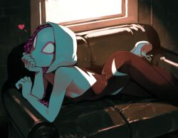 Rule 34 | 1girl, bodysuit, couch, day, hand on own chin, heart, highres, hood, indoors, looking at viewer, lying, marvel, mask, on stomach, optionaltypo, shoes, sneakers, solo, spider-gwen, spider-man (series), white footwear