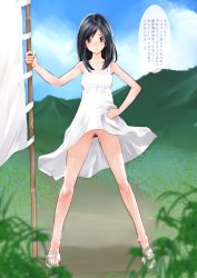 Rule 34 | 00s, 1girl, black eyes, black hair, blush, day, dress, exhibitionism, female pubic hair, groin, hand on own hip, legs, long hair, looking at viewer, nature, no panties, open mouth, outdoors, pubic hair, public indecency, pussy, rural, shinohara natsuki, sky, solo, souryu, standing, summer wars, sundress, thighs, toes, translation request, uncensored, white dress, wind, wind lift