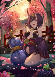 Rule 34 | 1girl, absurdres, bare shoulders, blush, breasts, bridge, cherry blossoms, chestnut mouth, collarbone, cup, dal song, eyeshadow, fangs, fate/grand order, fate (series), flower, food, fruit, full body, full moon, gourd, grapes, hair between eyes, half-closed eyes, headpiece, highres, holding, horns, japanese clothes, kimono, leaf, light particles, lily (flower), lily pad, long sleeves, looking at viewer, makeup, moon, moonlight, navel, night, night sky, obi, oni, open clothes, open kimono, open mouth, outdoors, pale skin, plate, purple eyes, purple hair, purple kimono, revealing clothes, ripples, river, sakazuki, sash, see-through, seiza, short eyebrows, short hair, shuten douji (fate), sitting, skin-covered horns, sky, small breasts, solo, star (sky), starry sky, torii, tree, wind
