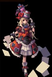 Rule 34 | 00s, 1girl, alternate hairstyle, bare shoulders, black background, blonde hair, cat, child, dress, dungeon and fighter, female focus, full body, gloves, hat, heart, long hair, mage (dungeon and fighter), paper, pet, qbspdl, red eyes, ribbon, shoes, simple background, solo, standing, wings, witch hat