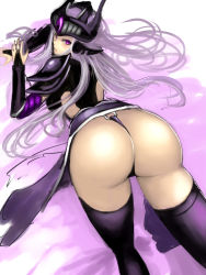 Rule 34 | 1girl, armor, ass, blush, bridal gauntlets, ear protection, forehead jewel, forehead protector, from below, helmet, highres, huge ass, kumiko shiba, league of legends, long hair, pauldrons, purple eyes, purple thighhighs, shoulder armor, silver hair, skirt, solo, syndra, thighhighs, thong, top-down bottom-up, very long hair