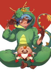 Rule 34 | 1girl, animal, animal costume, animal on lap, barefoot, black hair, blue hair, blush stickers, brand new animal, chinese zodiac, claws, commentary, cosplay, dragon costume, fang, feet, food, fruit, furry, furry female, highres, hood, hood up, imori (lizzy), kagemori michiru, kigurumi, mandarin orange, multicolored hair, on lap, open mouth, purple eyes, red sun, sitting, solo, symbol-only commentary, tanuki, two-tone hair, year of the dragon
