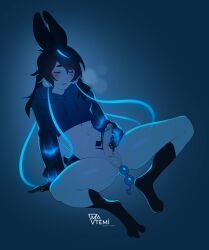 Rule 34 | 1boy, anal, anal beads, anal object insertion, animal ears, artist logo, black hair, black socks, blue background, blush, bottomless, closed eyes, commentary, english commentary, gradient background, hand on own penis, highres, kneehighs, long hair, long sleeves, lower teeth only, male focus, male masturbation, male penetrated, masturbation, matemi, object insertion, original, parted lips, patreon username, penis, penis piercing, piercing, rabbit boy, rabbit ears, sex toy, sitting, socks, solo, spread legs, teeth, uncensored