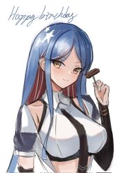 Rule 34 | 1girl, black jacket, black necktie, blue hair, breasts, brown eyes, crop top, dimos (dawn 1945), food, happy birthday, highres, jacket, kantai collection, large breasts, long hair, midriff, multicolored hair, necktie, one-hour drawing challenge, red hair, shirt, simple background, sleeveless, sleeveless shirt, smile, solo, south dakota (kancolle), star (symbol), upper body, wagashi, white background, white hair