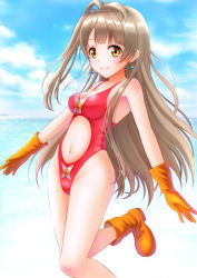 Rule 34 | 1girl, absurdres, armpits, bad id, bad pixiv id, blue sky, boots, breasts, brown eyes, brown hair, center opening, cleavage, clothing cutout, cloud, cosplay, day, dragon quest, earrings, gloves, highleg, highleg leotard, highleg swimsuit, highres, jewelry, leg lift, leg up, leotard, long hair, looking at viewer, love live!, love live! school idol project, medium breasts, minami kotori, navel, navel cutout, ocean, one-piece swimsuit, pink leotard, skin tight, sky, smile, solo, standing, standing on one leg, swimsuit, telaform