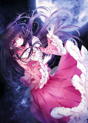 Rule 34 | 1girl, black hair, blouse, blush, crying, dress, dutch angle, falling, frills, full moon, houraisan kaguya, long hair, looking at viewer, moon, night, night sky, open mouth, red eyes, rimei, shirt, skirt, sky, solo, star (sky), starry sky, tears, touhou, wide sleeves