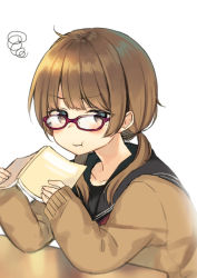 Rule 34 | 1girl, :t, black sailor collar, blush, book, brown eyes, brown hair, cardigan, closed mouth, collarbone, commentary request, fingernails, glasses, holding, holding book, long hair, long sleeves, looking at viewer, low twintails, midorikawa you, open book, original, pout, purple-framed eyewear, sailor collar, school uniform, serafuku, simple background, sleeves past wrists, solo, squiggle, twintails, white background