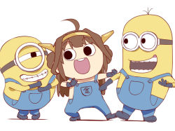 Rule 34 | 10s, 1girl, ahoge, black eyes, brown hair, crossover, despicable me, gloves, goggles, grin, hairband, ishii hisao, kantai collection, kongou (kancolle), minion (despicable me), overalls, smile