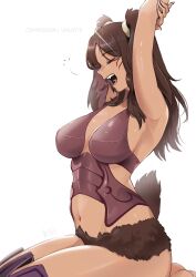 Rule 34 | 1girl, animal ears, armor, barefoot, breasts, brown fur, closed eyes, commission, dark-skinned female, dark skin, facial mark, feet out of frame, fire emblem, fire emblem awakening, highres, large breasts, navel, nintendo, open mouth, panne (fire emblem), purple armor, rabbit ears, rabbit girl, rabbit tail, stretching, taguel, tail, twintails, vialnite