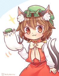 Rule 34 | 0 0, 1girl, :3, animal ears, brown eyes, brown hair, cat ears, chen, closed mouth, commentary request, earrings, hat, ibaraki natou, jewelry, long sleeves, mob cap, multiple tails, nekomata, open mouth, short hair, single earring, tail, touhou, twitter username, two tails