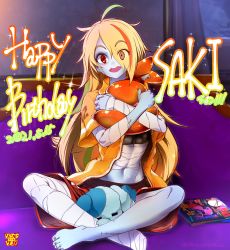 Rule 34 | 1girl, abs, ahoge, bandages, barefoot, blonde hair, commentary request, couch, earrings, facial scar, green hair, hair over one eye, happy birthday, highres, indian style, jacket, jewelry, long hair, looking at viewer, multicolored hair, nikaidou saki, open clothes, open jacket, open mouth, orange hair, red eyes, scar, scar on cheek, scar on face, shorts, sitting, streaked hair, toenails, yakibuta (shimapow), zombie, zombie land saga