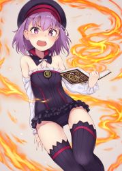 Rule 34 | 1girl, bare shoulders, black panties, black thighhighs, blush, book, fate/grand order, fate (series), fire, flat chest, hat, helena blavatsky (fate), holding, holding book, looking at viewer, monobe tsukuri, open book, open mouth, panties, purple eyes, purple hair, short hair, simple background, solo, tears, thighhighs, sefirot, underwear