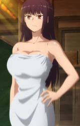 Rule 34 | 1girl, breasts, brown hair, cleavage, hand on own hip, highres, hime cut, ijiranaide nagatoro-san, large breasts, long hair, looking away, naked towel, red eyes, school, screencap, shiny skin, simple background, solo, standing, stitched, sunomiya sana, third-party edit, towel, upper body