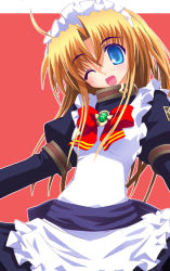 Rule 34 | 1girl, apron, blonde hair, blue eyes, bow, brooch, eyebrows, happy, jewelry, long hair, long sleeves, looking at viewer, maid, maid apron, maid headdress, one eye closed, open mouth, original, puffy long sleeves, puffy sleeves, red background, red bow, simple background, smile, solo, wink