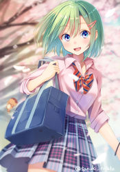 Rule 34 | 1girl, :d, bag, bag charm, blue eyes, blurry, blurry background, blush, bow, bowtie, bracelet, charm (object), cherry blossoms, collared shirt, cowboy shot, day, green hair, hair ornament, hairclip, holding, holding bag, jewelry, looking at viewer, open mouth, original, outdoors, petals, pink shirt, plaid, plaid skirt, pleated skirt, school bag, school uniform, shirai tanuki, shirt, short hair, skirt, sleeves rolled up, smile, solo, standing, striped bow, striped bowtie, striped clothes, striped neckwear, takeda emi (shirai tanuki), teeth, tree, twitter username, wing collar