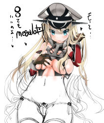 Rule 34 | 10s, 1girl, artist name, bad id, bad pixiv id, bare shoulders, bismarck (kancolle), blonde hair, blue eyes, blush, bracelet, breasts, cameltoe, cross, elbow gloves, gloves, groin, hand in own hair, hand on breast, hand on own chest, hat, heart, highres, iron cross, jewelry, kantai collection, large breasts, lips, long hair, mezashi gohan, midriff, navel, panties, partially colored, peaked cap, ribbon, simple background, sleeveless, solo, sweat, text focus, thighhighs, torn clothes, translation request, underboob, underwear, white background