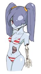 Rule 34 | 1girl, bikini, blue skin, colored skin, hair over one eye, highres, inarou (rakugakiproject), organs, skullgirls, squigly (skullgirls), stitched mouth, stitches, swimsuit, twintails, zombie