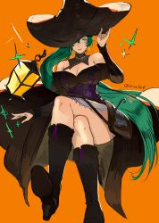 Rule 34 | 1girl, absurdres, alternate costume, blush, boots, bow, breasts, dress, fire emblem, fire emblem: the blazing blade, fire emblem heroes, gloves, green eyes, green hair, halloween, hat, hat bow, high heel boots, high heels, high ponytail, highres, jewelry, long hair, lyn (fire emblem), nintendo, ormille, ponytail, smile, solo, thighs, very long hair, weapon, witch, witch hat