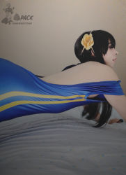 Rule 34 | 1boy, absurdres, alternate costume, androgynous, arm support, ass, ass focus, black hair, bodysuit, breasts, capcom, chun-li, chun-li (cosplay), cosplay, darkwaifutrap, hairband, highres, huge ass, long hair, looking to the side, photo (medium), real life, shiny clothes, skin tight, solo, street fighter, trap, watermark, wide hips