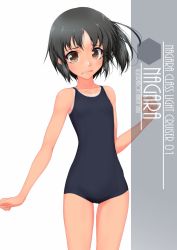 Rule 34 | 1girl, alternate breast size, alternate costume, artist name, bare arms, bare shoulders, black hair, black one-piece swimsuit, blush, brown eyes, character name, closed mouth, collarbone, commentary request, cowboy shot, embarrassed, english text, flat chest, hexagon, highres, inaba shiki, kantai collection, looking at viewer, nagara (kancolle), navel, one-piece swimsuit, one-piece tan, one side up, parted bangs, school swimsuit, short hair, simple background, smile, solo, standing, stomach, swimsuit, tan, tanline, thighs, white background