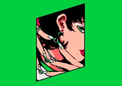 Rule 34 | 1girl, black hair, border, earrings, green border, green eyes, green nails, highres, jewelry, minillustration, mole, mole under mouth, necklace, original, parted lips, red background, red lips, short hair, simple background, solo, yellow nails