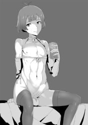 Rule 34 | 10s, 1boy, abs, akizuki ryo, arm support, artificial vagina, censored, choker, elbow gloves, erection, gloves, greyscale, hamushima, idolmaster, idolmaster side-m, male focus, monochrome, muscular, navel, panties, penis, sex toy, short hair, side-tie panties, simple background, sitting, solo, thighhighs, trap, underwear