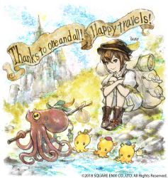 Rule 34 | 1girl, animal, bag, brown hair, field, gold, green eyes, hat, highres, ikusy, jewelry, octopath traveler, octopath traveler i, octopus, official art, short hair, simple background, smile, solo, tressa (octopath traveler)