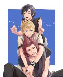 Rule 34 | 1girl, 2boys, arms around neck, axel (kingdom hearts), bare arms, black hair, black pants, black shirt, blonde hair, blue background, blue eyes, border, frilled sleeves, frills, green eyes, grin, hair slicked back, half-closed eyes, highres, hug, hug from behind, jacket, jewelry, kingdom hearts, kingdom hearts iii, mukashino, multiple boys, multiple rings, one eye closed, open mouth, pants, pleated skirt, red hair, ring, roxas, shirt, short eyebrows, short hair, short sleeves, sideburns, skirt, smile, spiked hair, teeth, upper body, white border, white jacket, white skirt, wristband, xion (kingdom hearts)