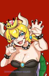 Rule 34 | 1girl, absurdres, armlet, armpits, artist name, bare shoulders, black dress, blonde hair, blue eyes, blush, bowsette, bracelet, breasts, breath weapon, breathing fire, claw pose, cleavage, collar, crown, daikirikun, dress, earrings, fire, frilled dress, frills, highres, horns, jewelry, looking at viewer, mario (series), medium breasts, new super mario bros. u deluxe, nintendo, open mouth, pectorals, pointy ears, ponytail, sharp teeth, solo, spiked bracelet, spiked collar, spiked shell, spiked tail, spikes, strapless, strapless dress, super crown, tail, teeth, thick eyebrows, turtle shell, upper body