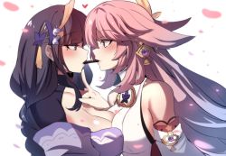 Rule 34 | 2girls, absurdres, asymmetrical docking, bare shoulders, black hair, blunt bangs, blush, braid, breast press, breasts, cleavage, commentary, detached sleeves, english commentary, eye contact, flower, from side, genshin impact, hair flower, hair ornament, hand on another&#039;s chin, highres, hinghoi, large breasts, long hair, long sleeves, looking at another, mole, mole under eye, multiple girls, petals, pink hair, profile, purple eyes, purple flower, raiden shogun, shared food, shrug (clothing), simple background, single braid, upper body, valentine, very long hair, white background, yae miko, yuri