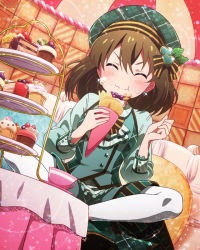 Rule 34 | 10s, 1girl, ^ ^, beamed quavers, blush, brown hair, cake, closed eyes, crepe, cup, cupcake, dutch angle, eating, closed eyes, food, food on face, foodgasm, hat, idolmaster, idolmaster million live!, nagayoshi subaru, official art, pastry, solo, teacup, tiered tray, wafer stick