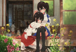 Rule 34 | 10s, 2girls, akagi (kancolle), architecture, arm at side, black legwear, blue skirt, blush, bright pupils, bug, butterfly, couch, cup, east asian architecture, elbow rest, floral print, flower, flower request, hair between eyes, hakama, hakama short skirt, hakama skirt, insect, japanese clothes, kaga (kancolle), kantai collection, kneeling, lamp, lips, long hair, looking at another, looking down, lying on lap, miniskirt, multiple girls, open mouth, outdoors, painting (medium), plant, red skirt, shijukara (great tit), short hair, short ponytail, shouji, side ponytail, sitting, skirt, sliding doors, straight hair, teapot, thighhighs, thighs, traditional media, watercolor (medium), white legwear, wooden floor, yuri