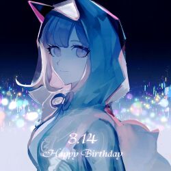 Rule 34 | 1girl, animal ears, backpack, bag, blue background, bowknot huhu, breasts, closed mouth, danganronpa (series), danganronpa 2: goodbye despair, dated, fake animal ears, from side, happy birthday, highres, hood, hood up, jacket, large breasts, looking at viewer, multicolored background, nanami chiaki, neck ribbon, open clothes, open jacket, ribbon, smile, solo, two-tone shirt