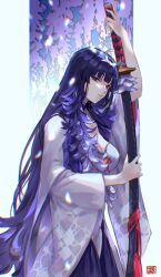 Rule 34 | 1girl, arm up, blurry, breasts, chromatic aberration, closed mouth, commentary, flipped hair, fujimurasaki (sennen sensou aigis), hairband, highres, holding, holding sword, holding weapon, long hair, looking at viewer, medium breasts, outside border, pillarboxed, purple hair, purple skirt, red eyes, red tassel, routemoi, sennen sensou aigis, sheath, sheathed, skirt, solo, stamp mark, sword, tachi (weapon), tassel, very long hair, weapon, white hairband, wide sleeves