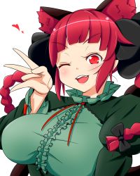 Rule 34 | 1girl, ;d, animal ear fluff, animal ears, breasts, cat ears, extra ears, heart, highres, himenomikan, kaenbyou rin, large breasts, looking at viewer, one eye closed, open mouth, pointy ears, red eyes, red hair, simple background, smile, solo, touhou, upper body, w, white background