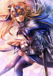 Rule 34 | amasaki yusuke, aqua eyes, armor, armored dress, blonde hair, capelet, fate/apocrypha, fate (series), headpiece, jeanne d&#039;arc (fate), jeanne d&#039;arc (ruler) (fate), long hair, smile, solo, sword, thighhighs, weapon