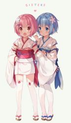 Rule 34 | &gt;:o, 10s, 2girls, :o, blue eyes, blue hair, blue sash, blush, child, commentary, cowering, detached sleeves, english text, fang, flower, grey background, hair flower, hair ornament, hand on own hip, hand up, heart, hitsukuya, japanese clothes, kimono, long sleeves, looking at another, looking at viewer, multiple girls, obi, open mouth, pink eyes, pink hair, ram (re:zero), re:zero kara hajimeru isekai seikatsu, red sash, rem (re:zero), ribbon-trimmed legwear, ribbon trim, sandals, sash, short hair, siblings, simple background, sisters, standing, thighhighs, twins, v-shaped eyebrows, white kimono, white legwear, wide sleeves, x hair ornament