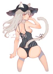 Rule 34 | 1girl, absurdres, animal ears, arm at side, arutera, ass, black one-piece swimsuit, breasts, bright pupils, casual one-piece swimsuit, cat ears, cat tail, clothing cutout, cropped legs, ears through headwear, from behind, grey hair, hand to own mouth, hat, highres, long hair, looking at viewer, looking back, one-piece swimsuit, original, ribbon, sideboob, simple background, small breasts, solo, striped clothes, striped one-piece swimsuit, swimsuit, tail, tail ornament, tail ribbon, tail through clothes, vertical-striped clothes, vertical-striped one-piece swimsuit, white background, white pupils, yellow eyes