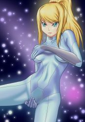 Rule 34 | 1girl, bad id, blonde hair, blue eyes, bodysuit, breast hold, breasts, covering privates, covering breasts, covering crotch, highres, large breasts, long hair, metroid, nintendo, nude, nude cover, open in internet explorer, ossannoa, ponytail, samus aran, solo, zero suit