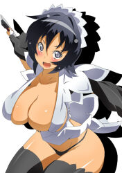 Rule 34 | 1girl, apron, artist request, ass, black hair, black panties, blush, breasts, butterfly swords, cleavage, holding, holding weapon, huge ass, iroha (samurai spirits), large breasts, leotard, maid, maid headdress, micro panties, panties, revealing clothes, samurai spirits, shiny skin, short hair, smile, snk, standing, strapless, strapless leotard, sweat, thong, underwear, weapon, white apron, white background, wide hips