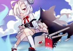 Rule 34 | 2girls, artist name, azur lane, black cape, black skirt, bolt, bow, breasts, cake (isiofb), cannon, cape, center frills, closed mouth, cloud, commentary request, day, detached sleeves, erebus (azur lane), frills, hair over one eye, heart, heart in mouth, high-waist skirt, highres, hood, hood up, hooded cape, kneehighs, long hair, long sleeves, looking at viewer, medium breasts, multiple girls, outdoors, polka dot, polka dot background, purple background, red bow, red eyes, red footwear, sharp teeth, shirt, shoes, sitting, skirt, sleeveless, sleeveless shirt, sleeves past fingers, sleeves past wrists, socks, stitches, teeth, terror (azur lane), very long hair, white hair, white legwear, white shirt, wide sleeves