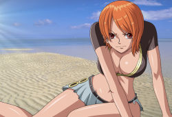 Rule 34 | 1girl, beach, breasts, cleavage, cloud, day, enies lobby, frown, highres, hip focus, large breasts, midriff, nami (one piece), ocean, one piece, orange hair, outdoors, red eyes, sand, short hair, skirt, sky, solo, torn clothes, wallpaper, wide hips