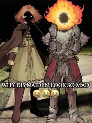 Rule 34 | 1girl, 1other, armor, boots, brown cloak, brown footwear, brown hair, cloak, crying emoji, dress, elden ring, emoji, english text, face in shadow, flaming head, full body, hands up, highres, hood, hooded cloak, kinomoru, looking at viewer, lord of the frenzied flame (elden ring), medium hair, melina (elden ring), meme, night, outdoors, photo-referenced, photo background, shade, sidelighting, sidewalk, standing, tarnished (elden ring), why dis ninja look so mad (meme)